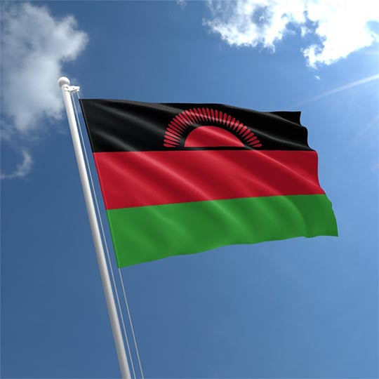 The flag of Malawi flying against a blue sky.