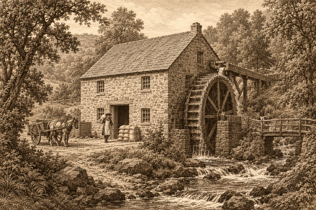 Engraving-style illustration of a stone snuff mill with a large waterwheel beside a millstream, sacks stacked at the door.