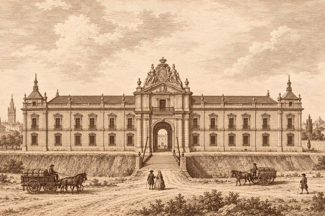 Engraving-style illustration of Seville's Royal Tobacco Factory with its moat, bridge and arched gateway.