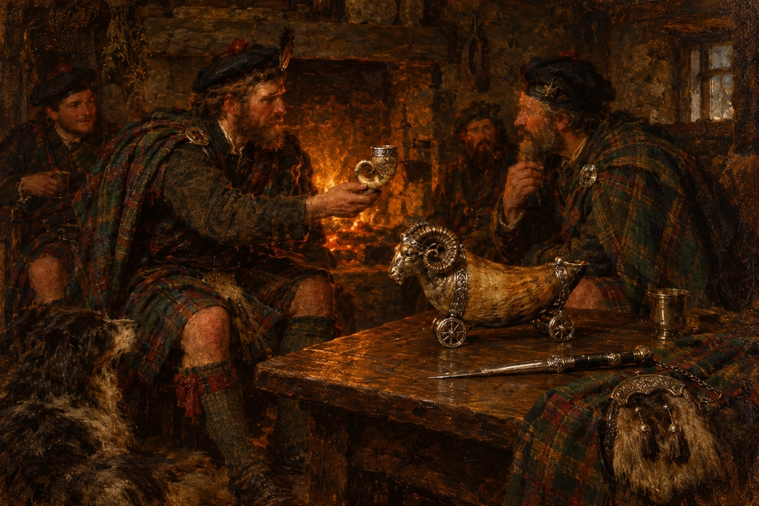 Illustration of Highlanders by a peat fire sharing a horn snuff mull, a ram's-head table mull on wheels beside them.