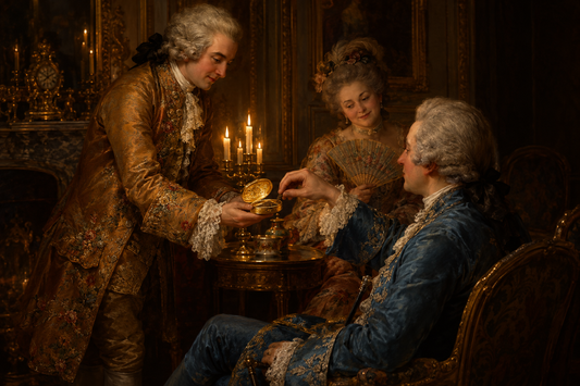 Oil-painting-style illustration of a candlelit Paris salon, where a gentleman in a powdered wig offers an open gold snuffbox to a seated guest.