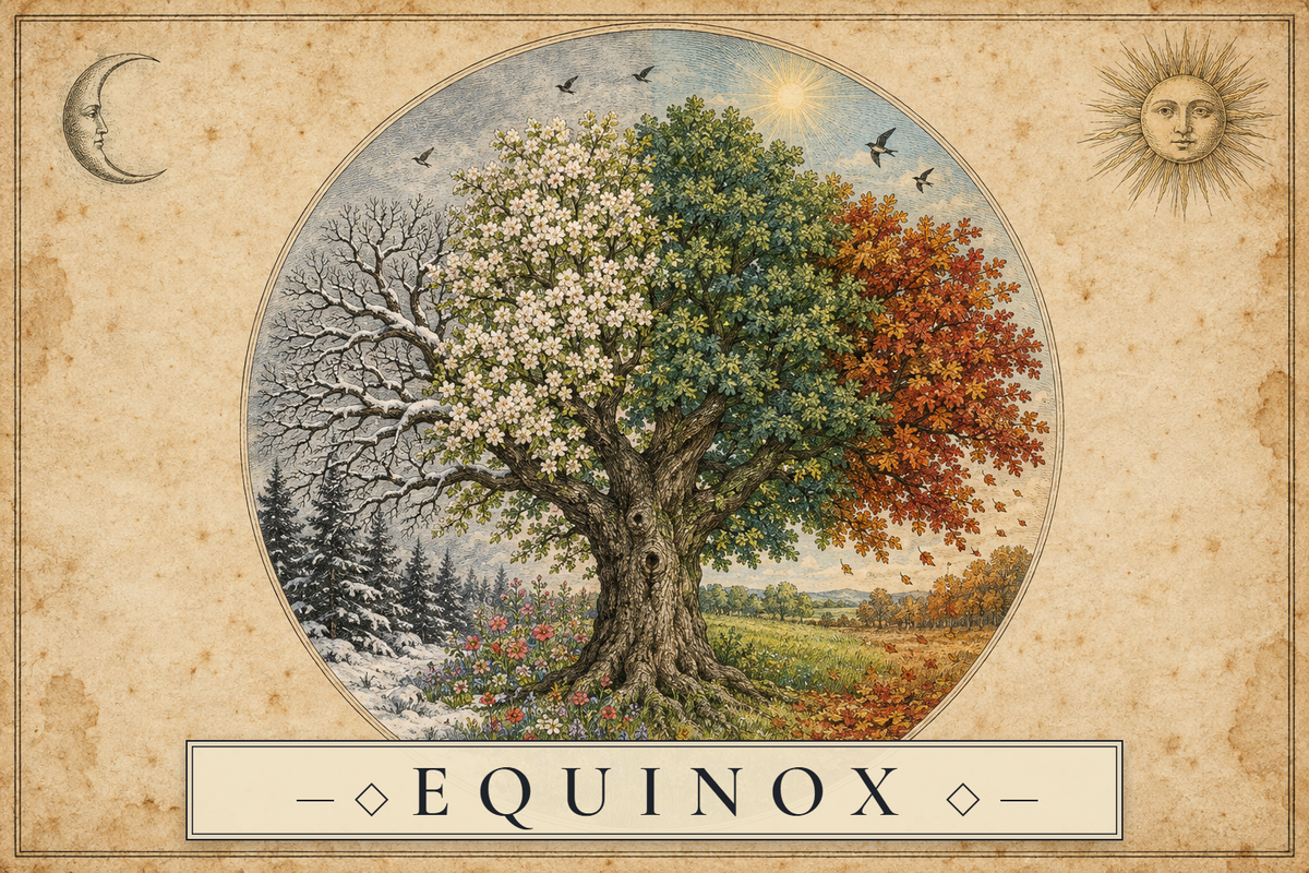 A single oak carrying all four seasons at once, engraved in the style of the Equinox labels, with EQUINOX on a cream ribbon across the foot
