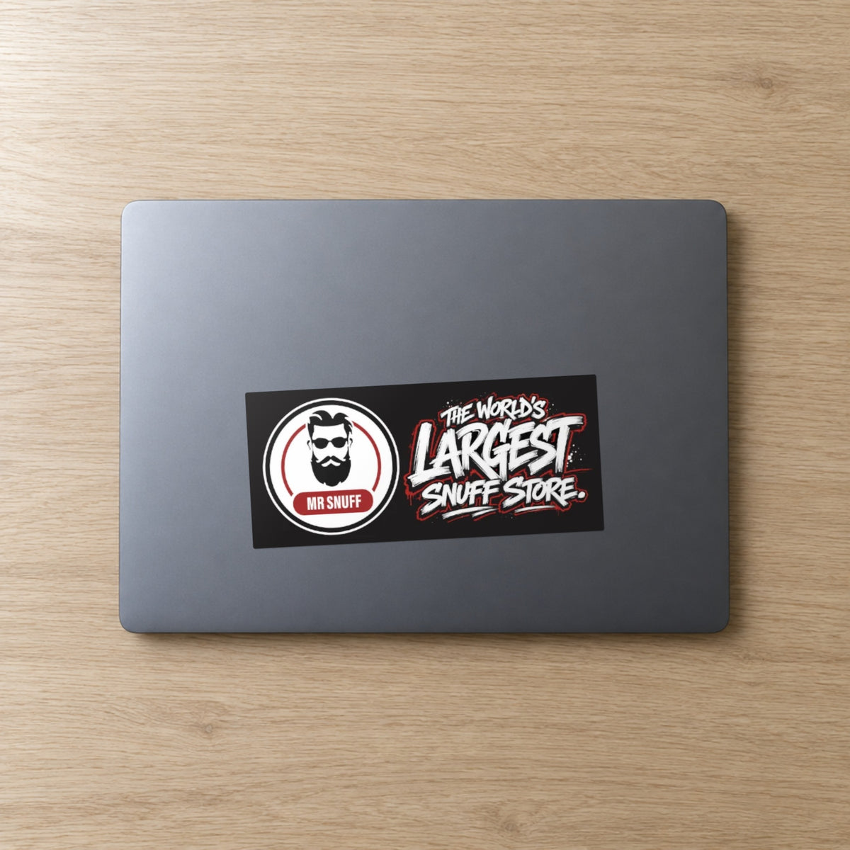 Mr Snuff Graffiti bumper sticker, 180 x 80 mm, on a laptop lid