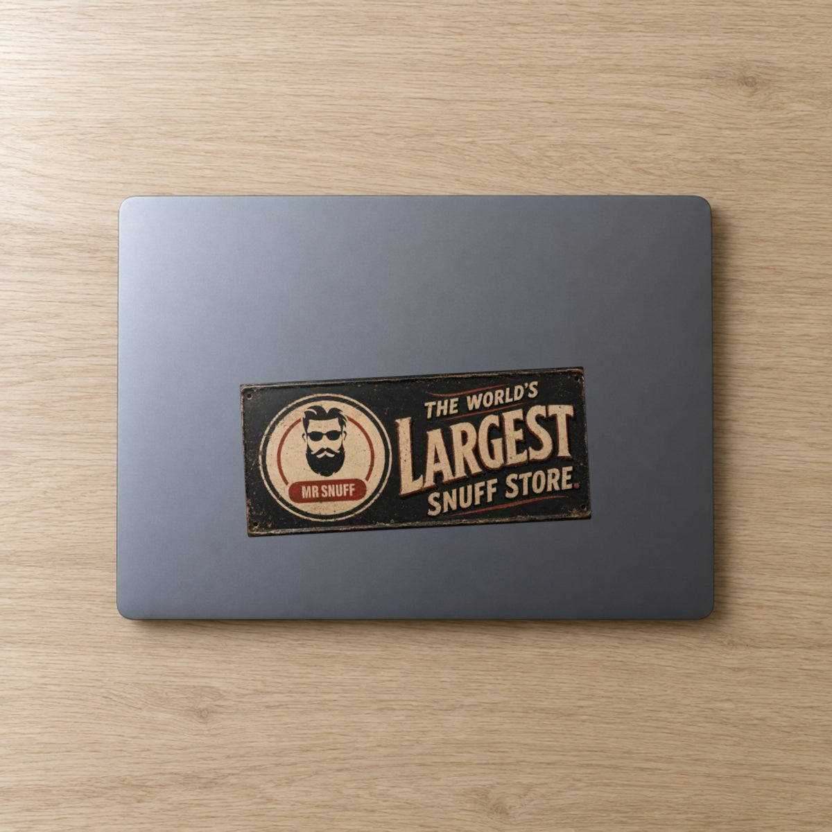 Mr Snuff Retro bumper sticker, 180 x 80 mm, on a laptop lid